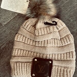 NWT Upcycled Louis Vuitton Tan Knit Beanie with Faux Fur Pom